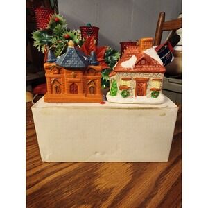 Vintage Set Of 2 Ceramic Village Houses‎ Bell Christmas Ornaments, Hand Painted